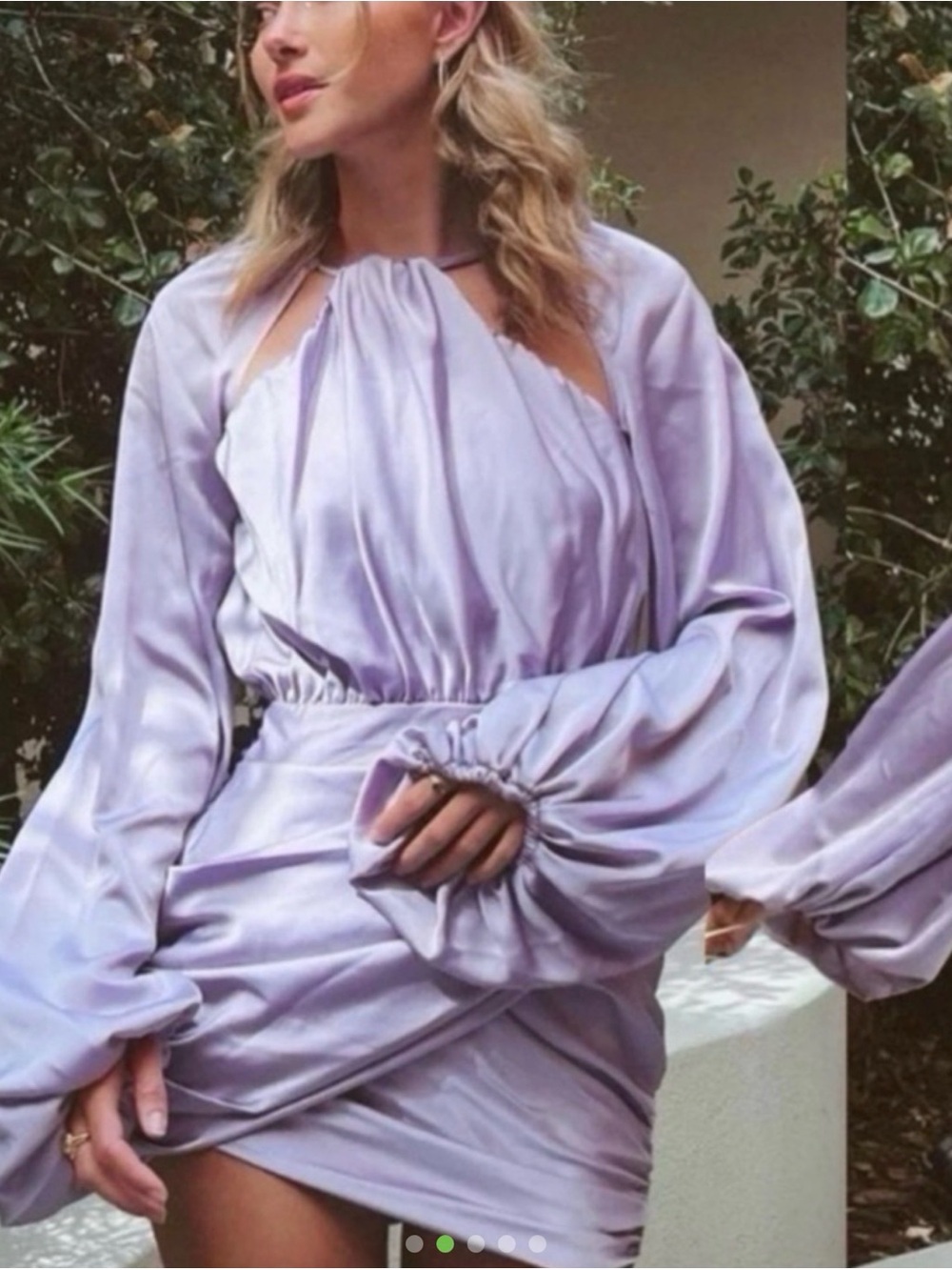 House of CB Lilac Satin Ruched Cutout Mini Dress Balloon Sleeve Date Night Small - Picture 2 of 10
